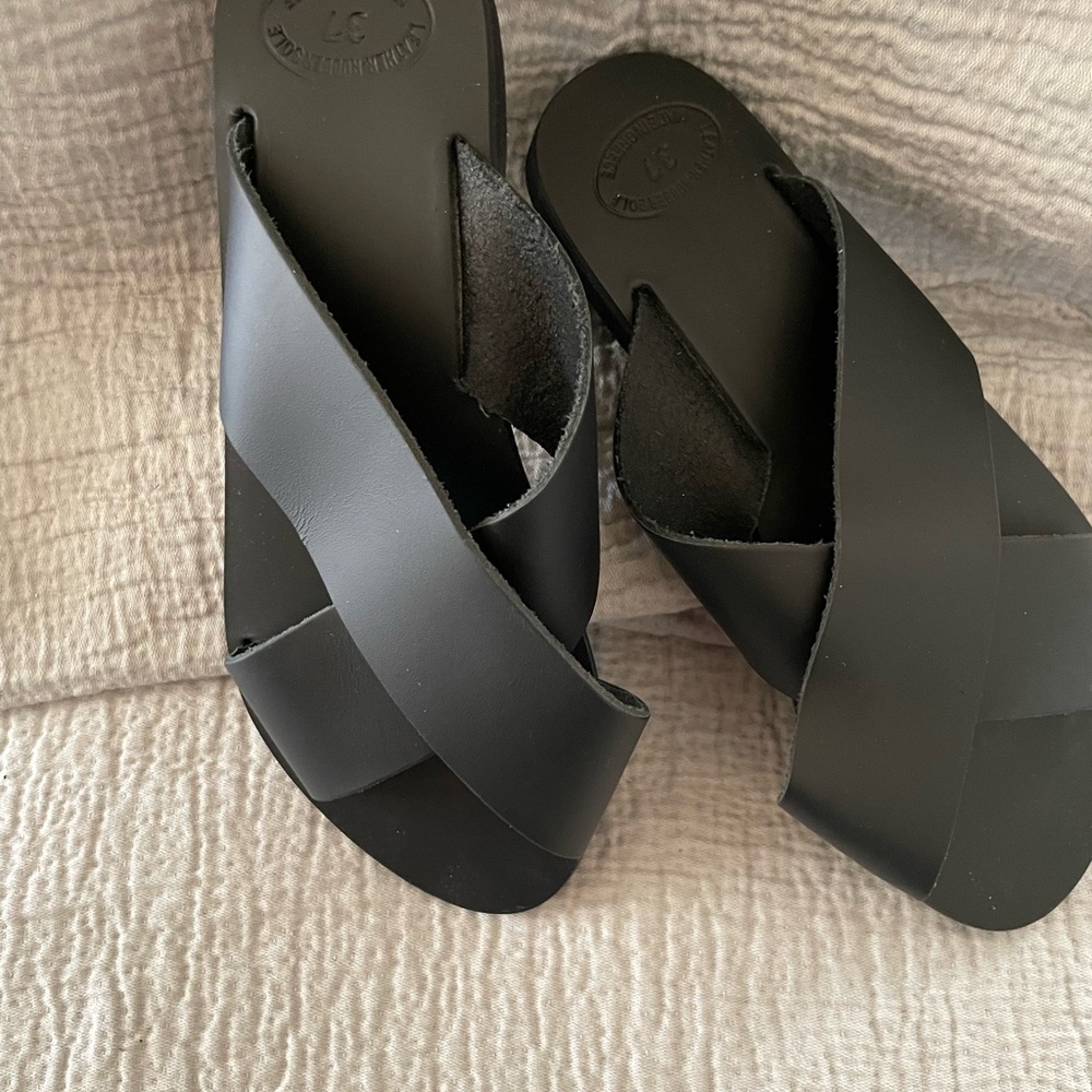 Black handmade leather sandals. Made in Greece. Sz37 which is a 6.5 US women’s